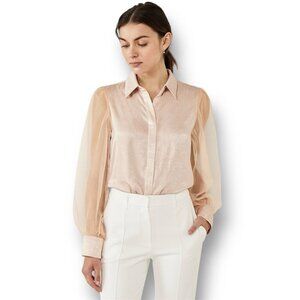 Anthropologie Grey Lab S Pink Satin Semi-Sheer Blouse Mesh Puff Sleeves Feminine